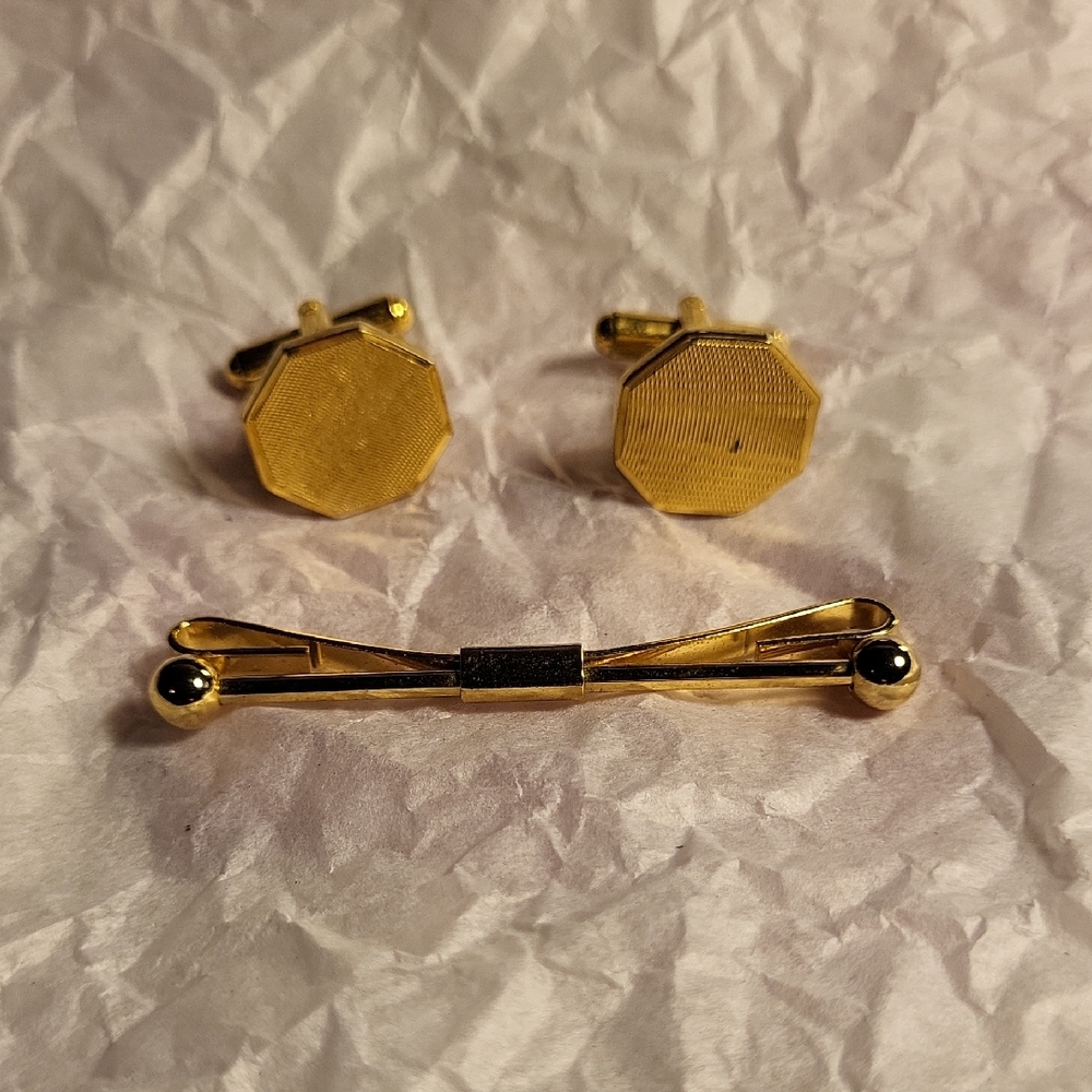 Gold Cufflinks and Tie Clip Set